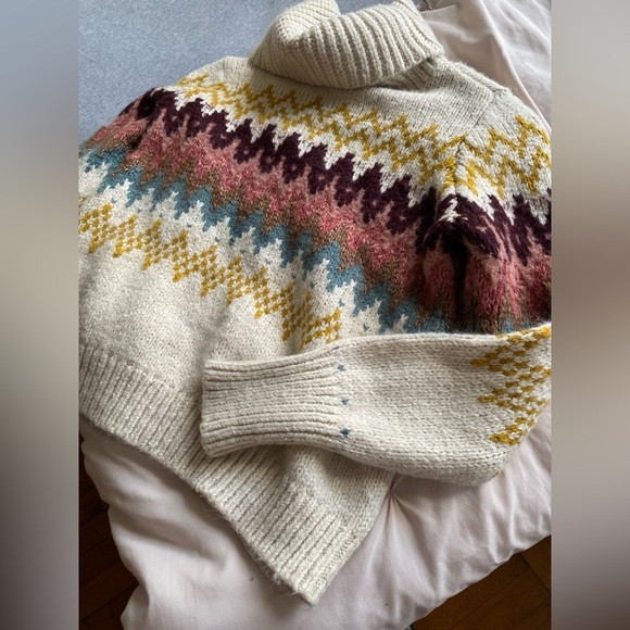 LOFT Cream Multicolor Chevron Turtleneck Sweater Petites Aztec Western - XSP - Picture 5 of 8